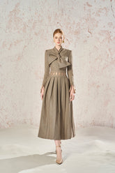 Bow Stitching Design Lace-Up Long-Sleeved Short Jacket+High-waisted A-line pleated skirt